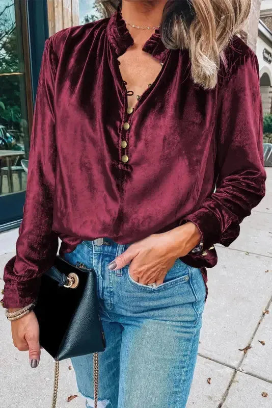 Woman wearing red velvet long sleeve elegant top front view — Fashionfitz UK