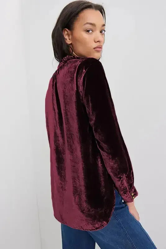 Red velvet long sleeve top back view showing velvet texture — Fashionfitz UK