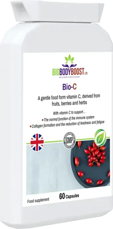 Bio-C front-angle view highlighting whole food vitamin C form for immunity and skin health support