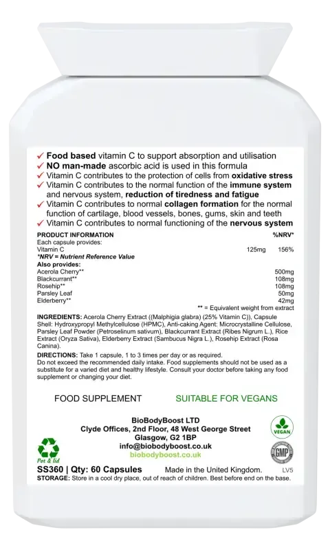 Back label of Bio-C showing non-acidic food form vitamin C ingredients, dosage guide and vegan certification