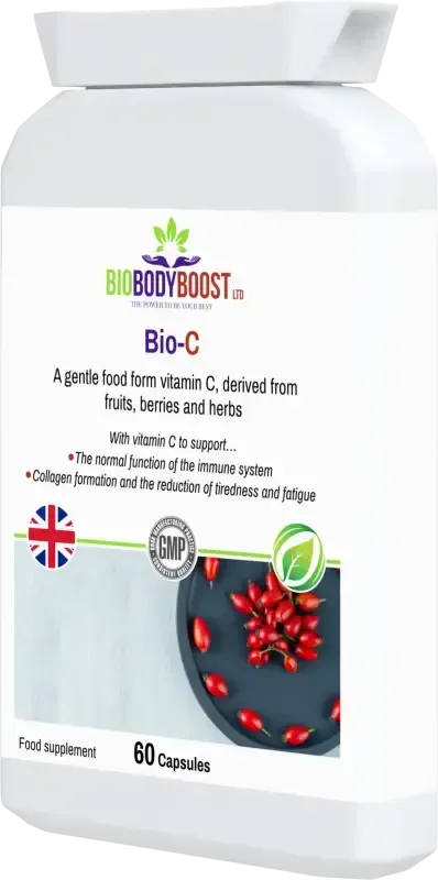 Bio-C Non-Acidic Vitamin C angled view — gentle immune and collagen support supplement, BioBodyBoost UK