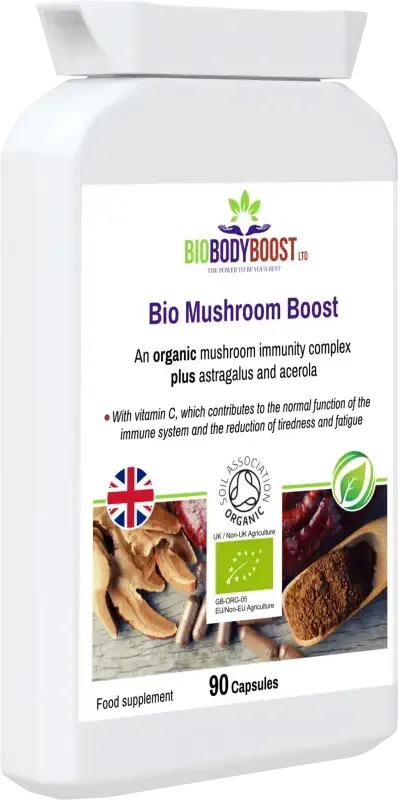 Bio Mushroom Boost front-angle view highlighting five organic mushroom varieties for immune and energy support