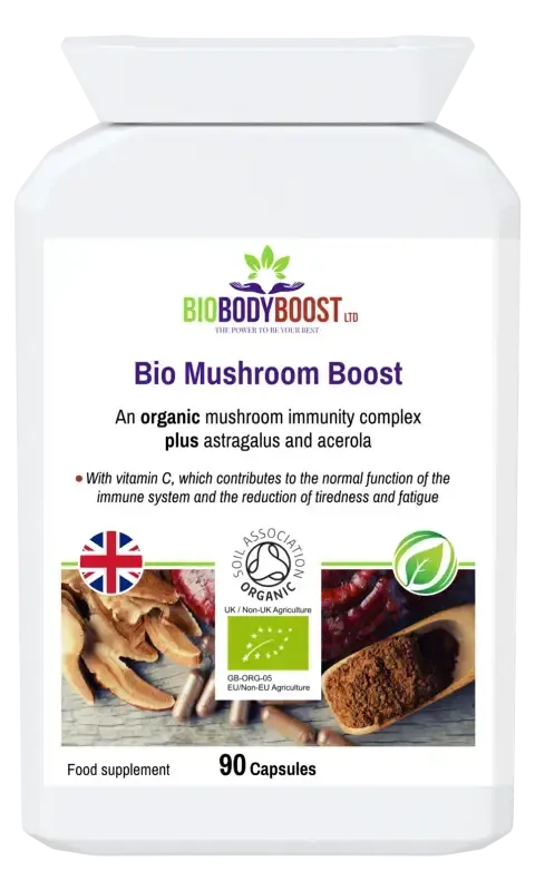 Bio Mushroom Boost Organic Immunity Blend — lion's mane, reishi, chaga, shiitake and cordyceps, 60 vegan capsules, BioBodyBoost UK