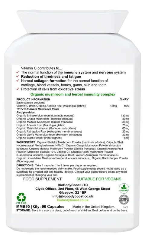 Back label of Bio Mushroom Boost showing organic mushroom blend ingredients, dosage guide and vegan certification