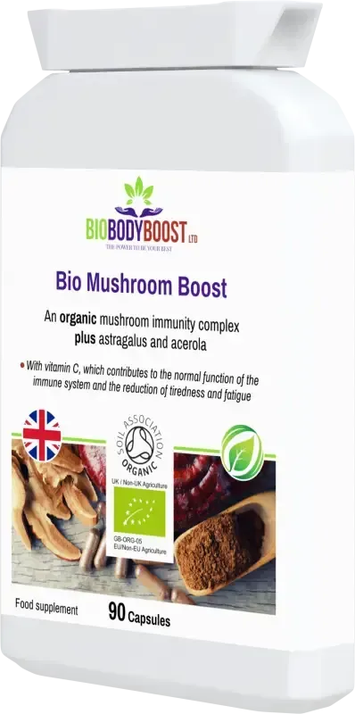 Bio Mushroom Boost angled view — organic immunity supplement with adaptogenic mushroom complex, BioBodyBoost UK