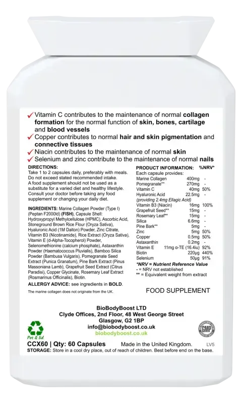 Back label of BioBeauty Marine Collagen Complex showing marine collagen, hyaluronic acid and biotin ingredients