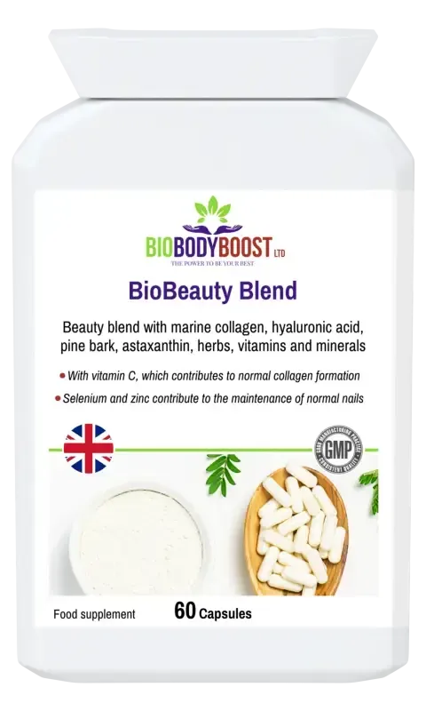 BioBeauty Marine Collagen Complex — premium marine collagen with hyaluronic acid, vitamin C and biotin, 90 capsules for skin and hair, BioBodyBoost UK