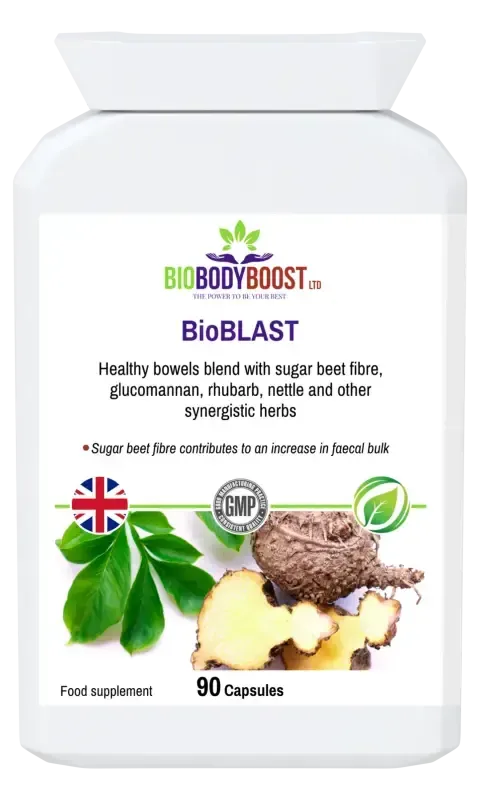 BioBLAST Healthy Bowels Blend — synergistic herbal formula for healthy digestion and regular bowel movements, 90 vegan capsules, BioBodyBoost UK