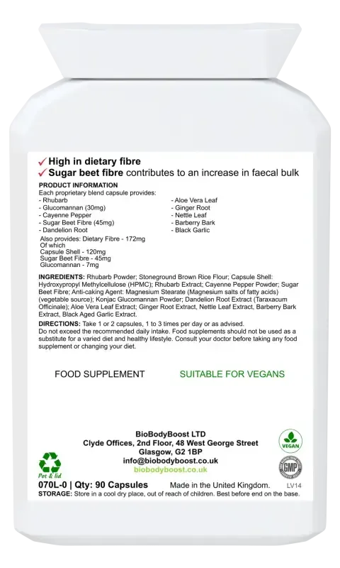 Back label of BioBLAST showing herbal bowel blend ingredients with dosage guide and vegan certification