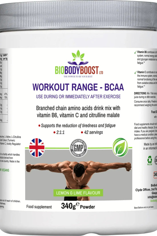 BioBodyBoost BCAA Amino Acids Drink Mix — 5.6g BCAAs per serving, muscle and endurance support, 340g, UK