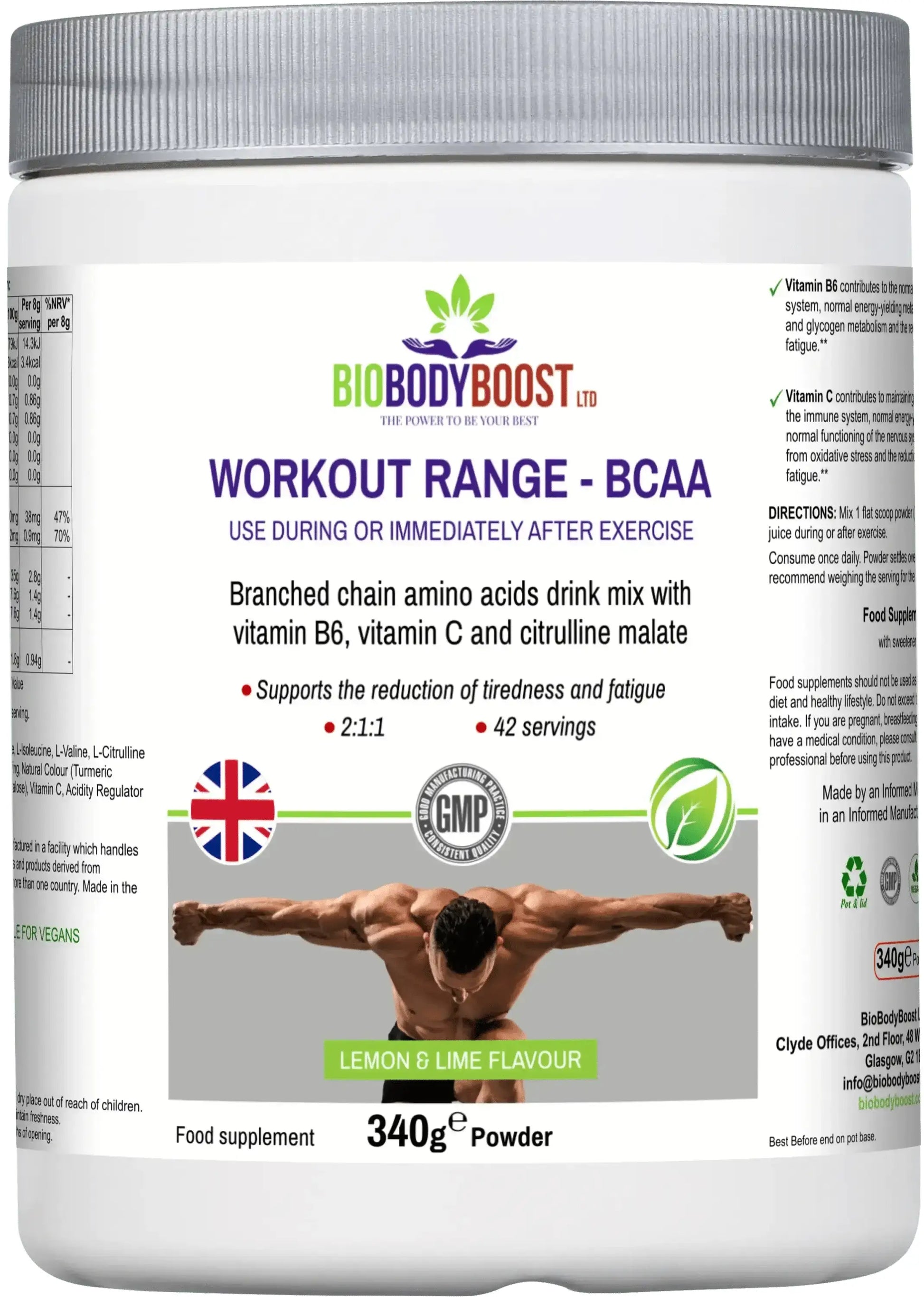 BioBodyBoost BCAA Amino Acids Drink Mix — 5.6g BCAAs per serving, muscle and endurance support, 340g, UK