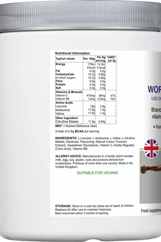 Back label of BioBodyBoost BCAA Drink Mix showing branched-chain amino acids and vitamin content