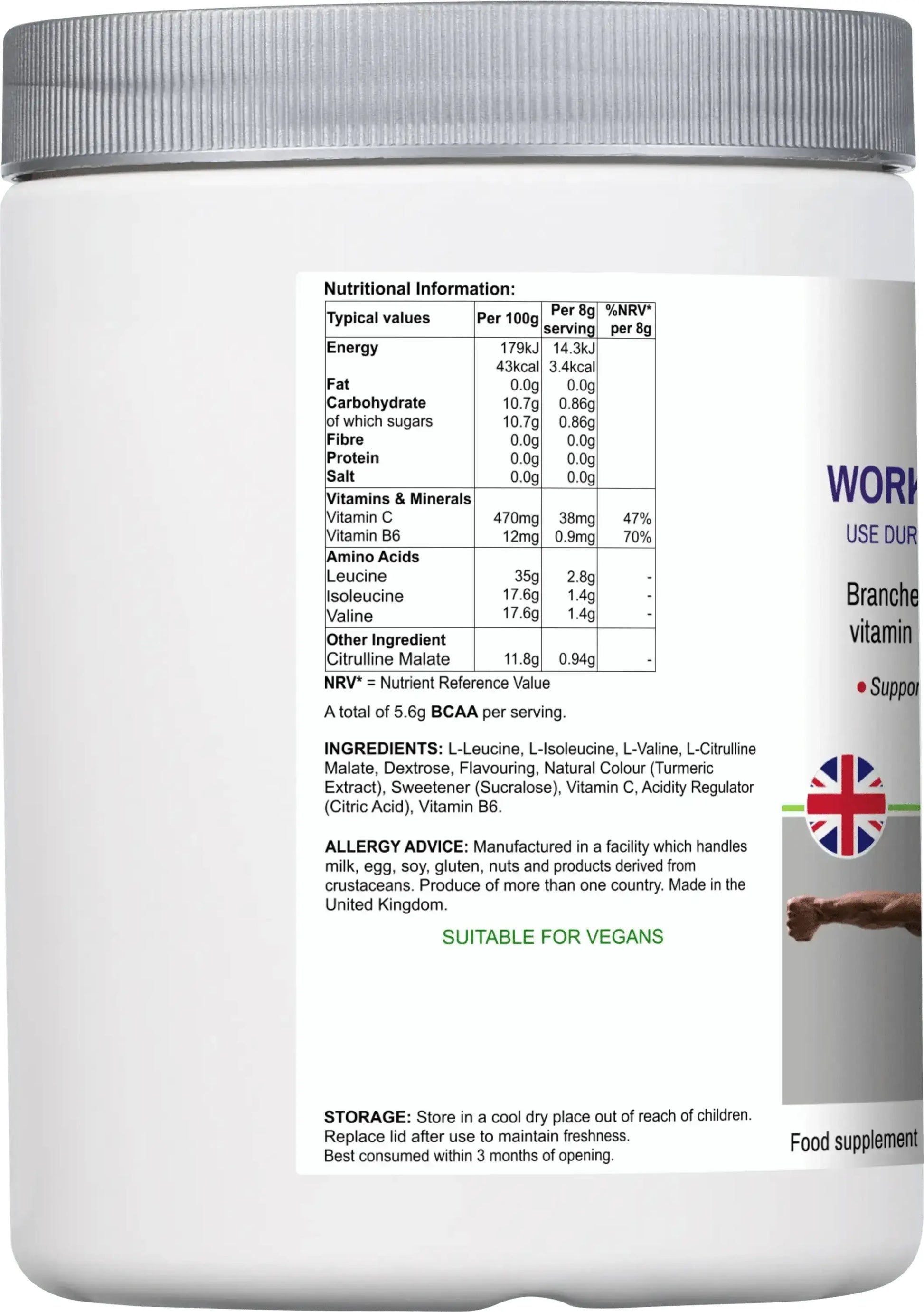 Back label of BioBodyBoost BCAA Drink Mix showing branched-chain amino acids and vitamin content
