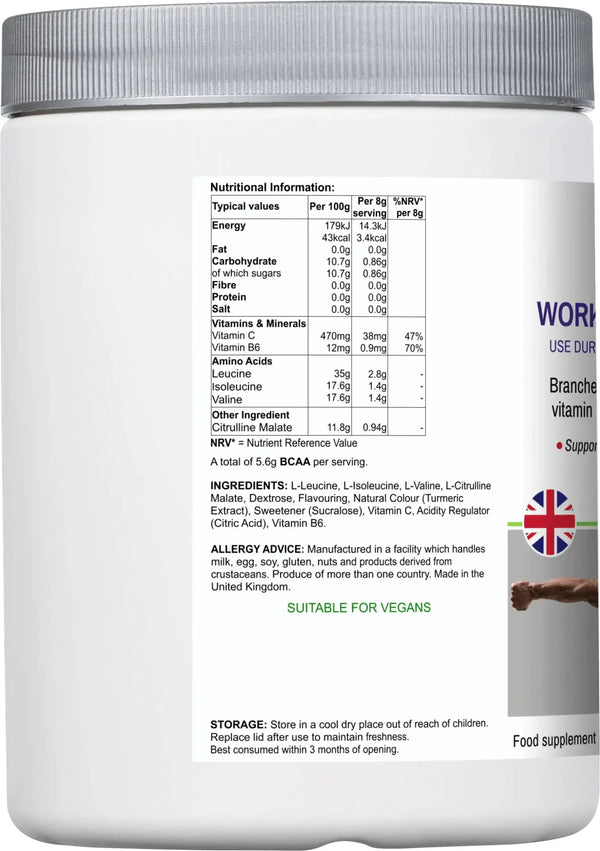 Back label of BioBodyBoost BCAA Drink Mix showing branched-chain amino acids and vitamin content