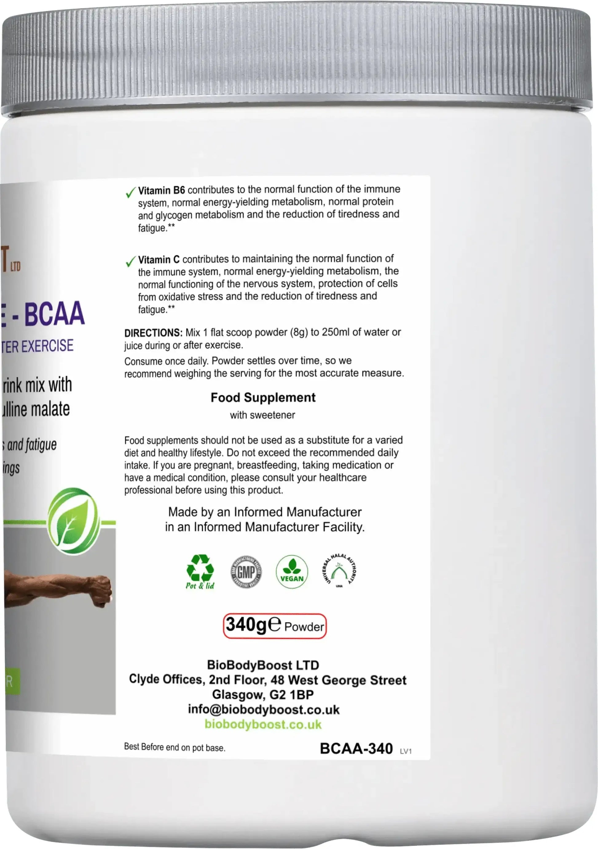 BioBodyBoost BCAA Amino Acids Drink Mix angled view — plant-based workout drink for muscle recovery