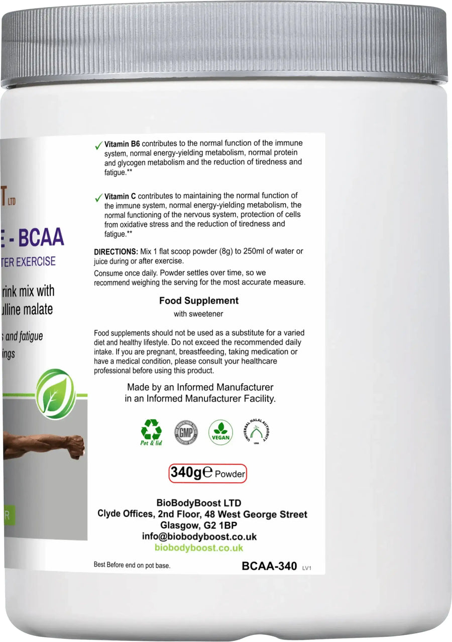BioBodyBoost BCAA Amino Acids Drink Mix angled view — plant-based workout drink for muscle recovery