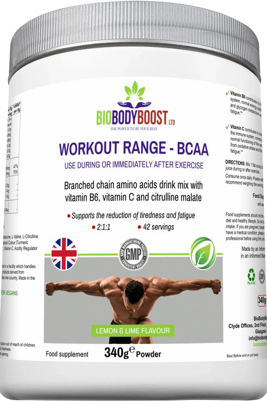 BioBodyBoost BCAA Drink Mix front-angle showing 2:1:1 BCAA ratio with citrulline malate