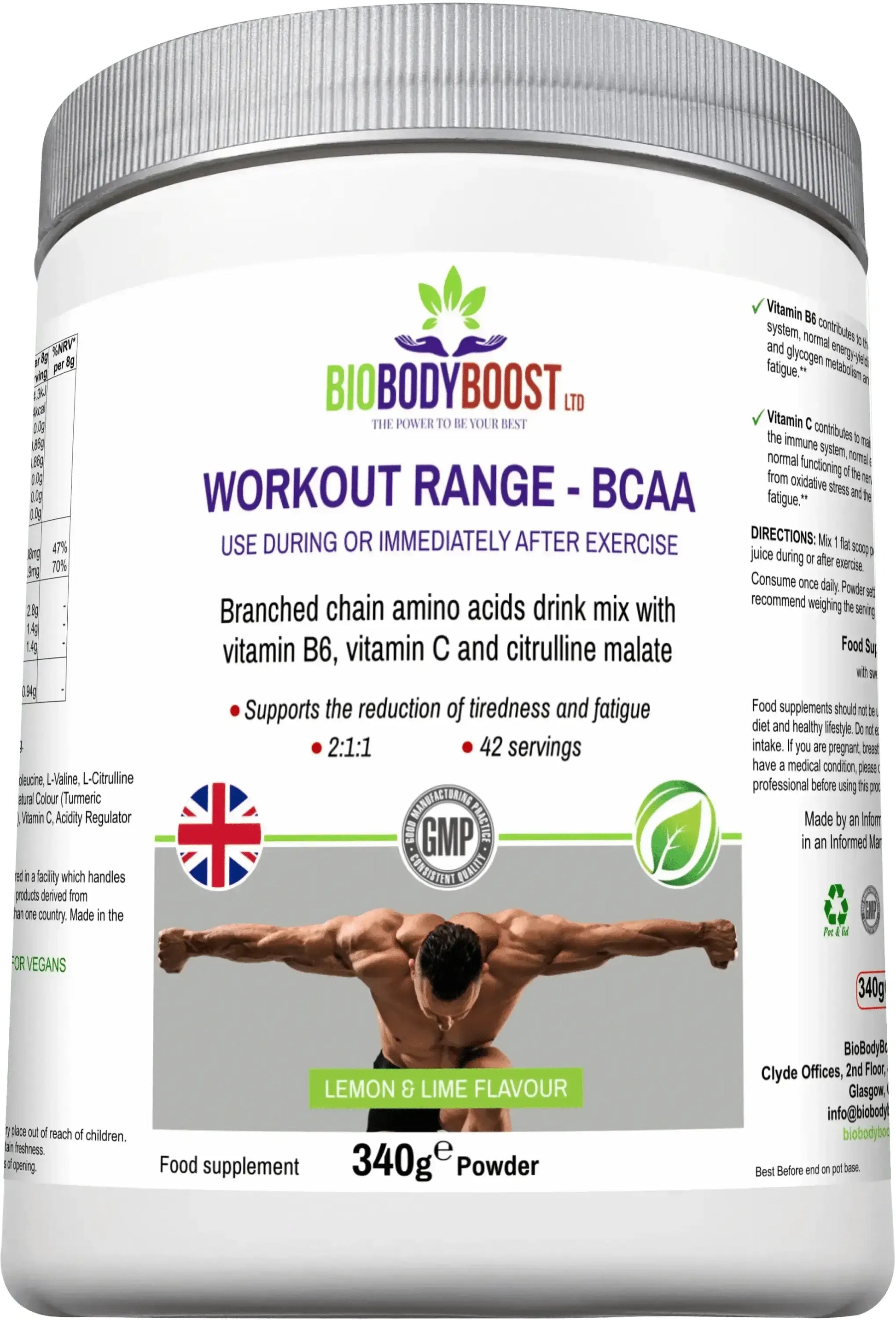 BioBodyBoost BCAA Drink Mix front-angle showing 2:1:1 BCAA ratio with citrulline malate