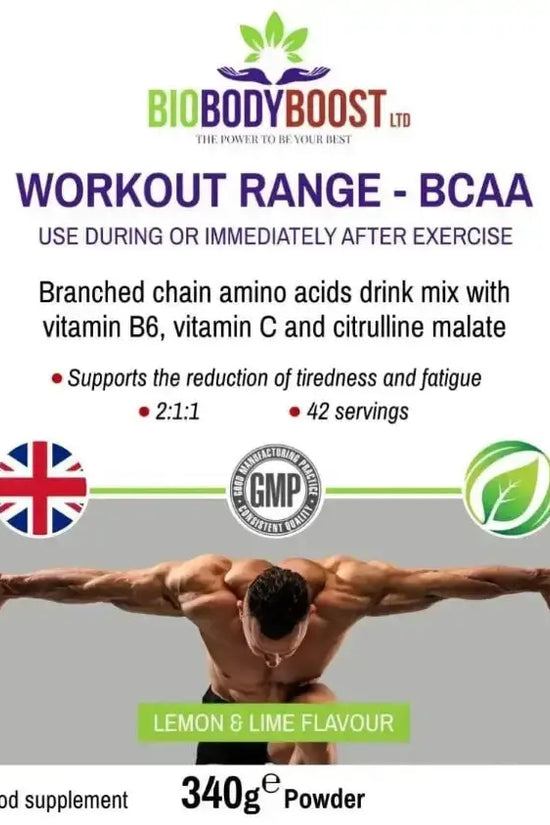BioBodyBoost BCAA Amino Acids Drink Mix side view — vegan workout supplement powder, BioBodyBoost UK
