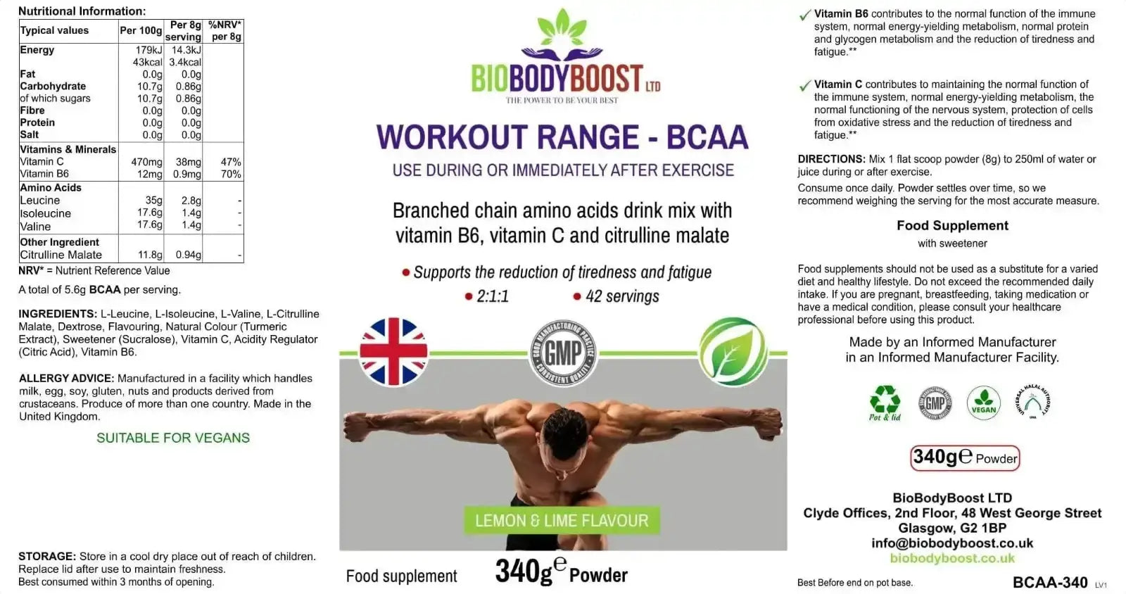 BioBodyBoost BCAA Amino Acids Drink Mix side view — vegan workout supplement powder, BioBodyBoost UK