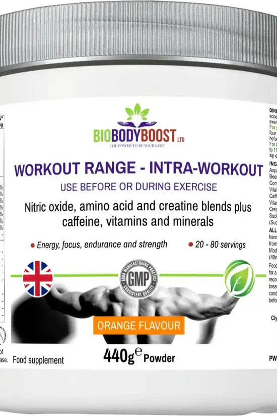 BioBodyBoost Intra-Workout Amino Acids and Creatine Blend 440g — orange flavour, performance drink mix, UK