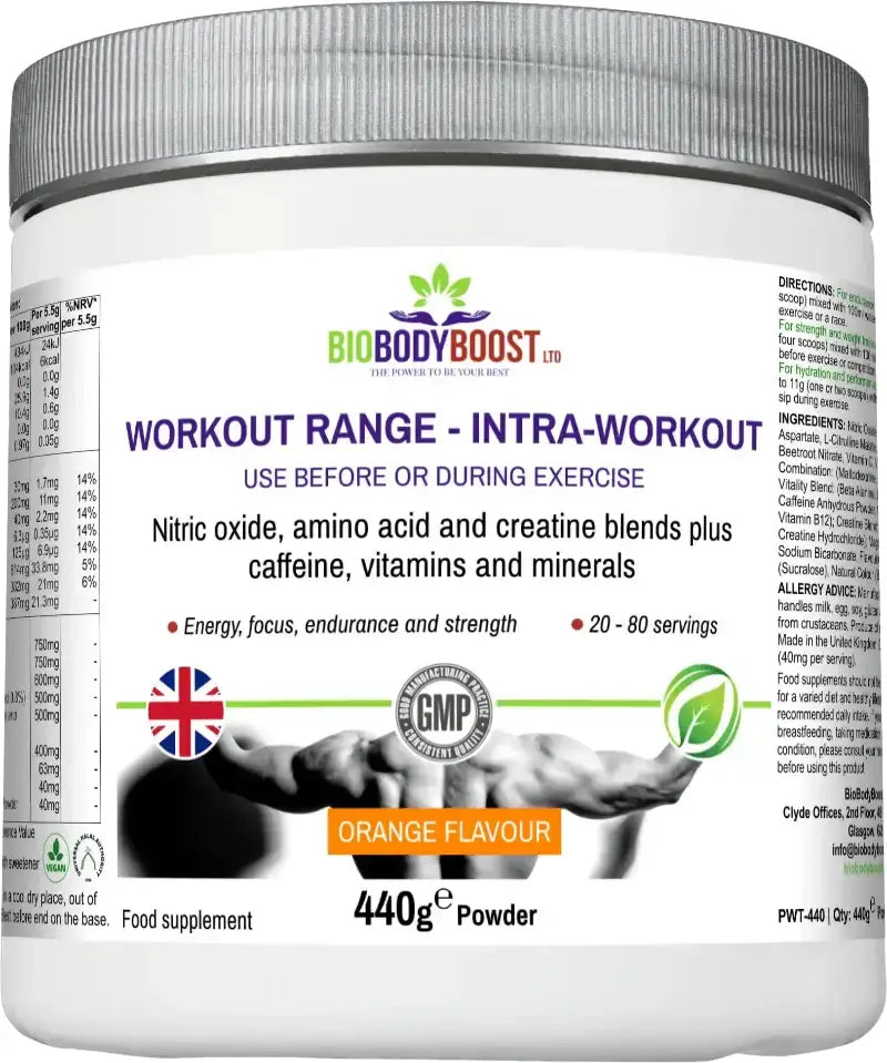BioBodyBoost Intra-Workout Amino Acids and Creatine Blend 440g — orange flavour, performance drink mix, UK