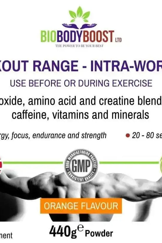 Supplement facts for BioBodyBoost Intra-Workout Creatine Blend with amino acid and creatine dosage
