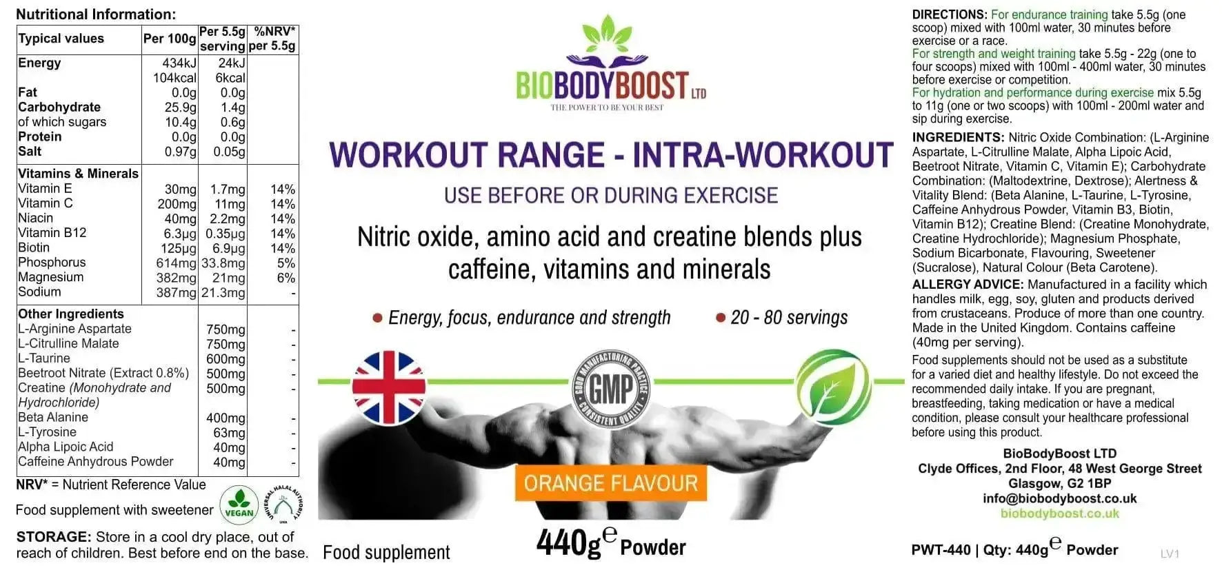Supplement facts for BioBodyBoost Intra-Workout Creatine Blend with amino acid and creatine dosage