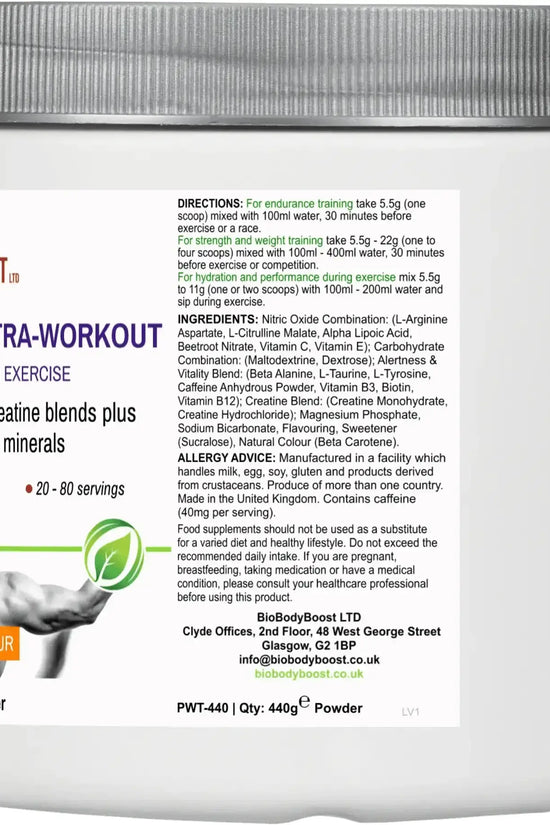 Back label of BioBodyBoost Intra-Workout Blend detailing ingredients and usage instructions