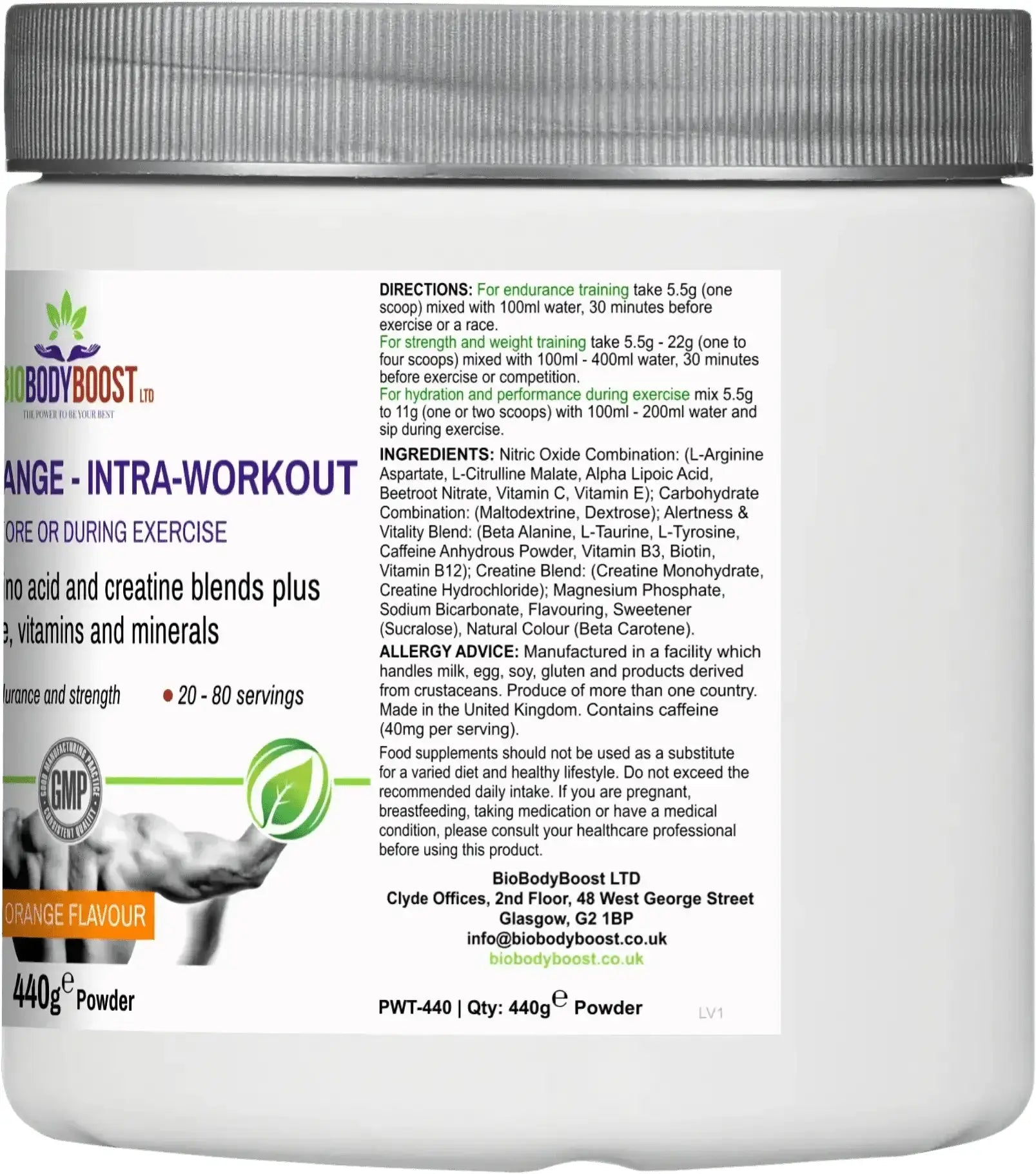 Back label of BioBodyBoost Intra-Workout Blend detailing ingredients and usage instructions