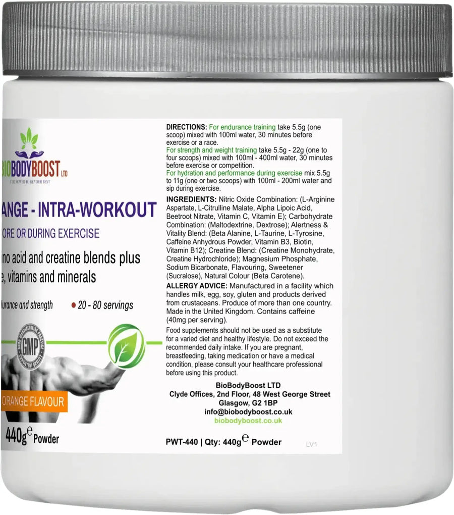 Back label of BioBodyBoost Intra-Workout Blend detailing ingredients and usage instructions
