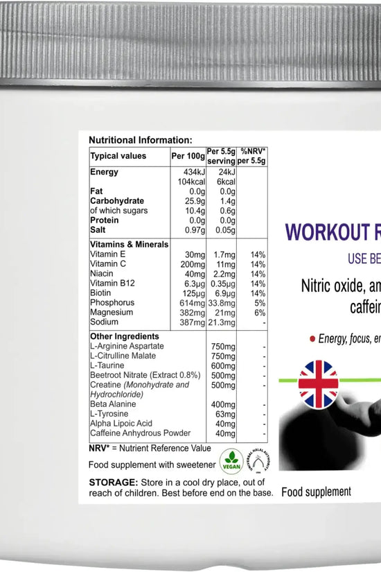 Nutritional label of BioBodyBoost Intra-Workout showing vitamins, minerals and amino acids