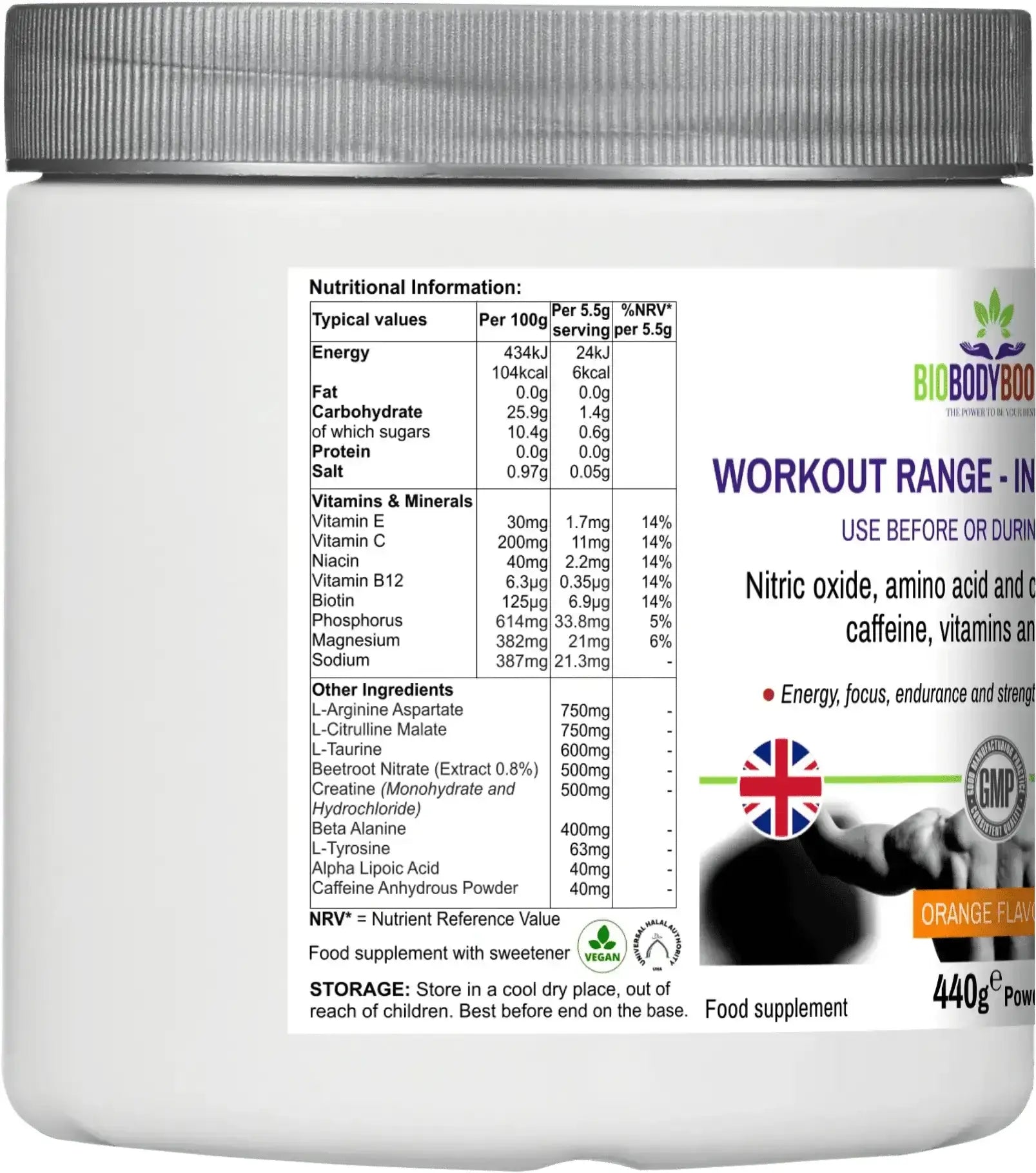 Nutritional label of BioBodyBoost Intra-Workout showing vitamins, minerals and amino acids