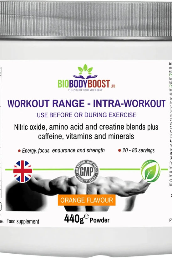 BioBodyBoost Intra-Workout Creatine Blend back label showing amino acid profile and vitamin content