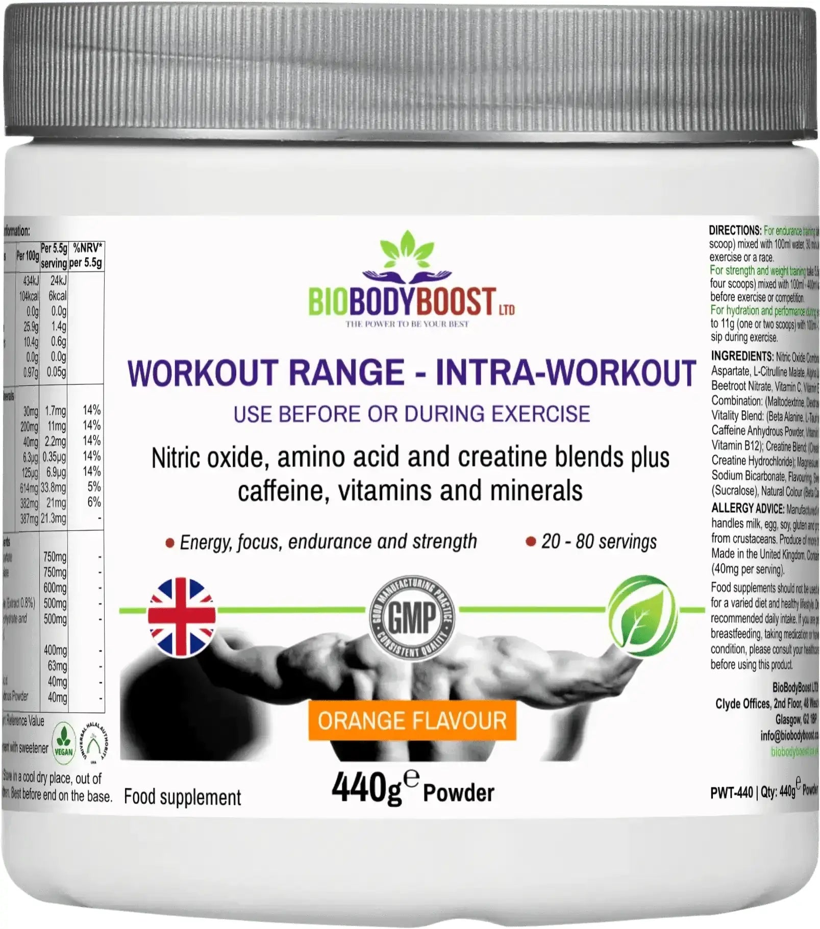 BioBodyBoost Intra-Workout Creatine Blend back label showing amino acid profile and vitamin content