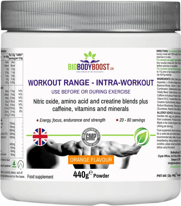 BioBodyBoost Intra-Workout Creatine Blend back label showing amino acid profile and vitamin content
