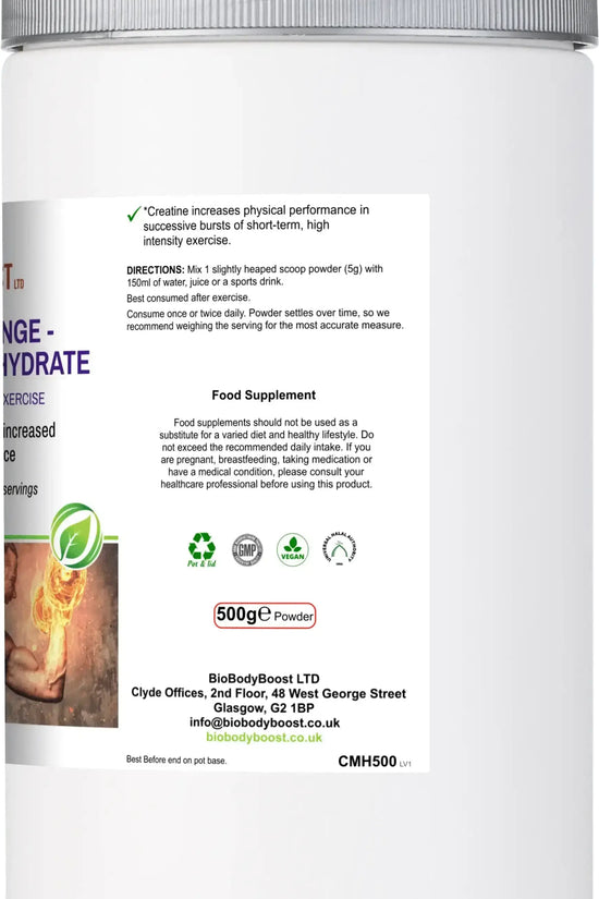 Product label of BioBodyBoost Creatine Monohydrate detailing usage directions and serving information