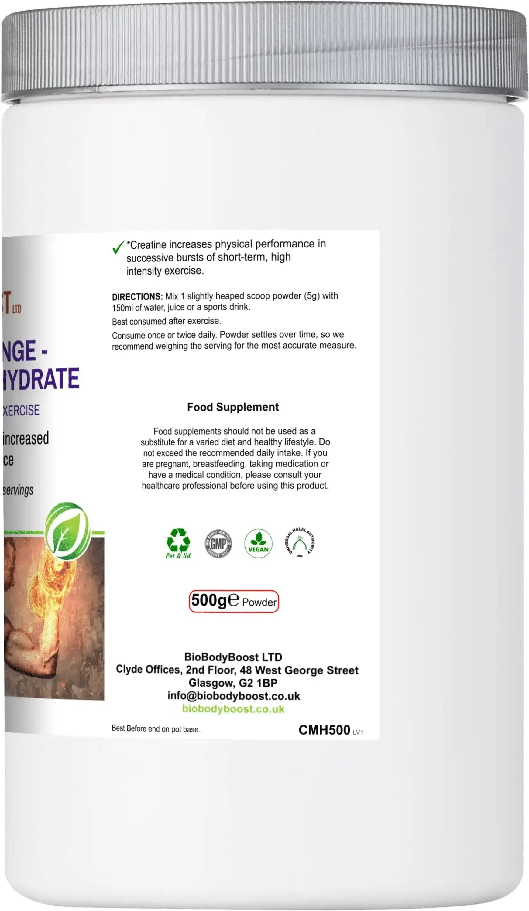 Product label of BioBodyBoost Creatine Monohydrate detailing usage directions and serving information