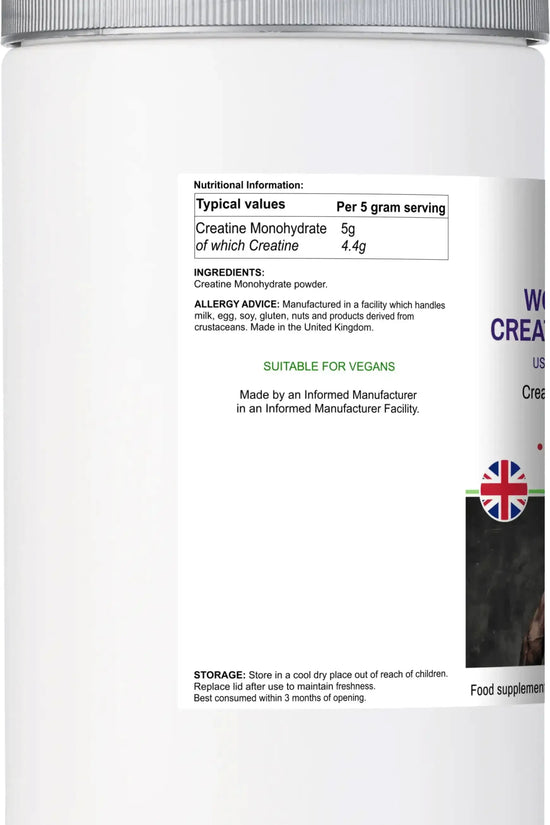 Side label of BioBodyBoost Creatine Monohydrate showing nutritional info and vegan certification