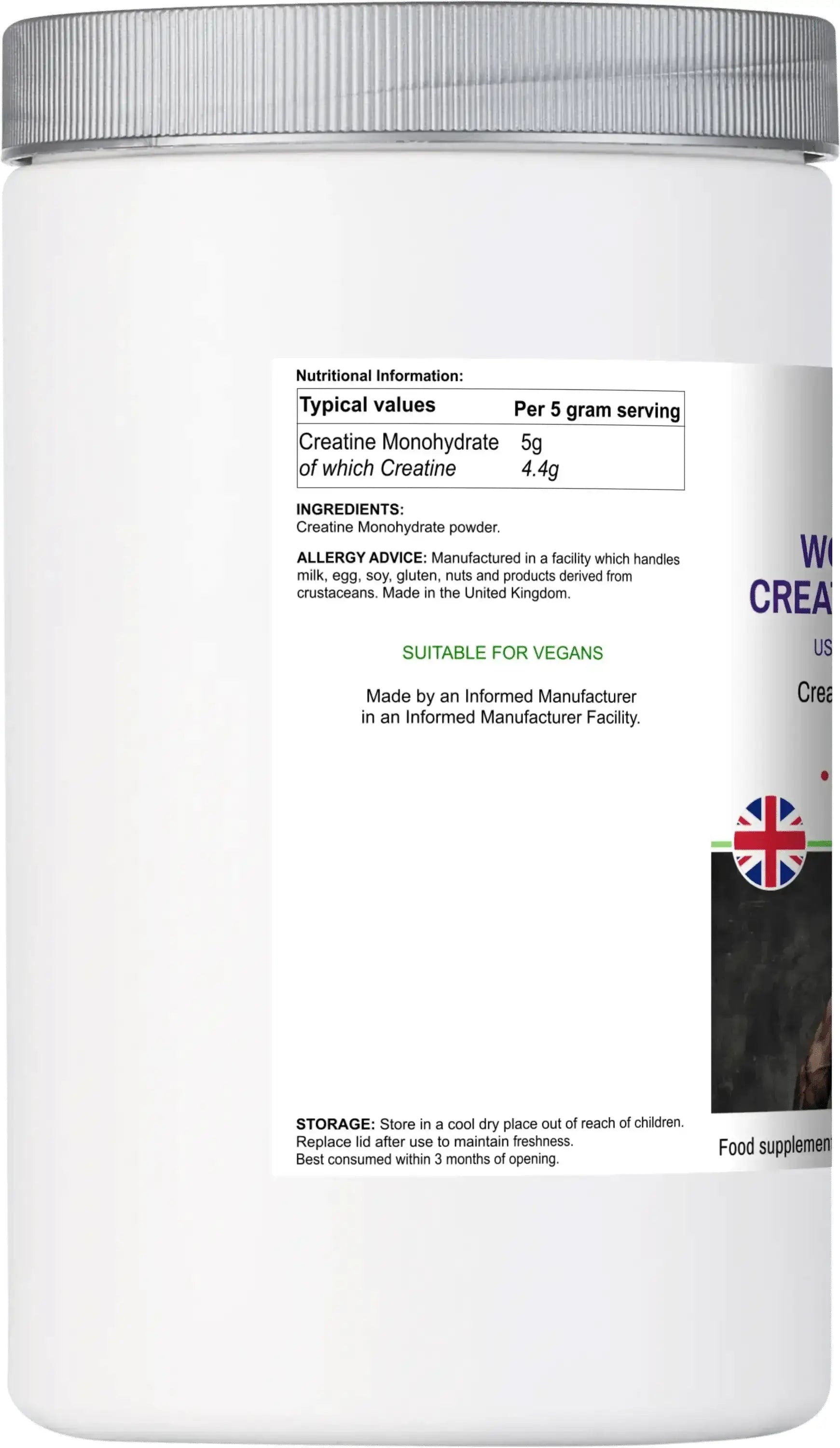 Side label of BioBodyBoost Creatine Monohydrate showing nutritional info and vegan certification