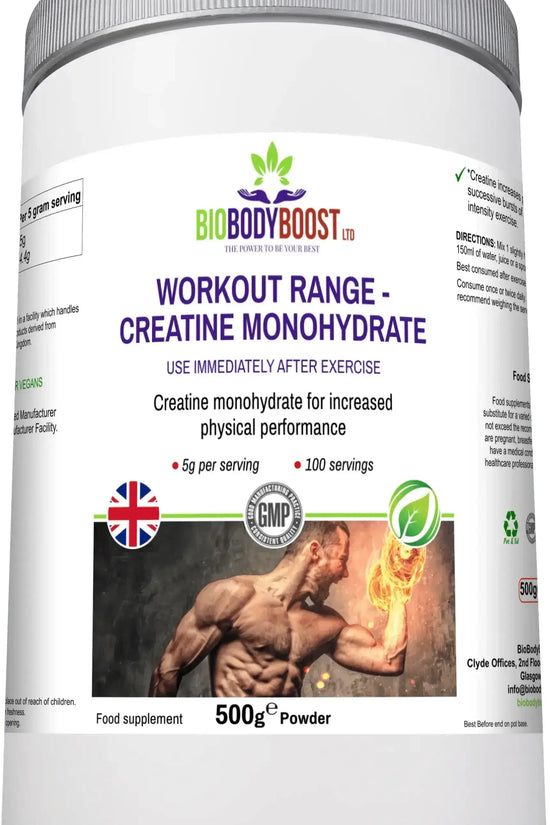 500g BioBodyBoost Creatine Monohydrate with 5g per serving — supports strength and high-intensity training
