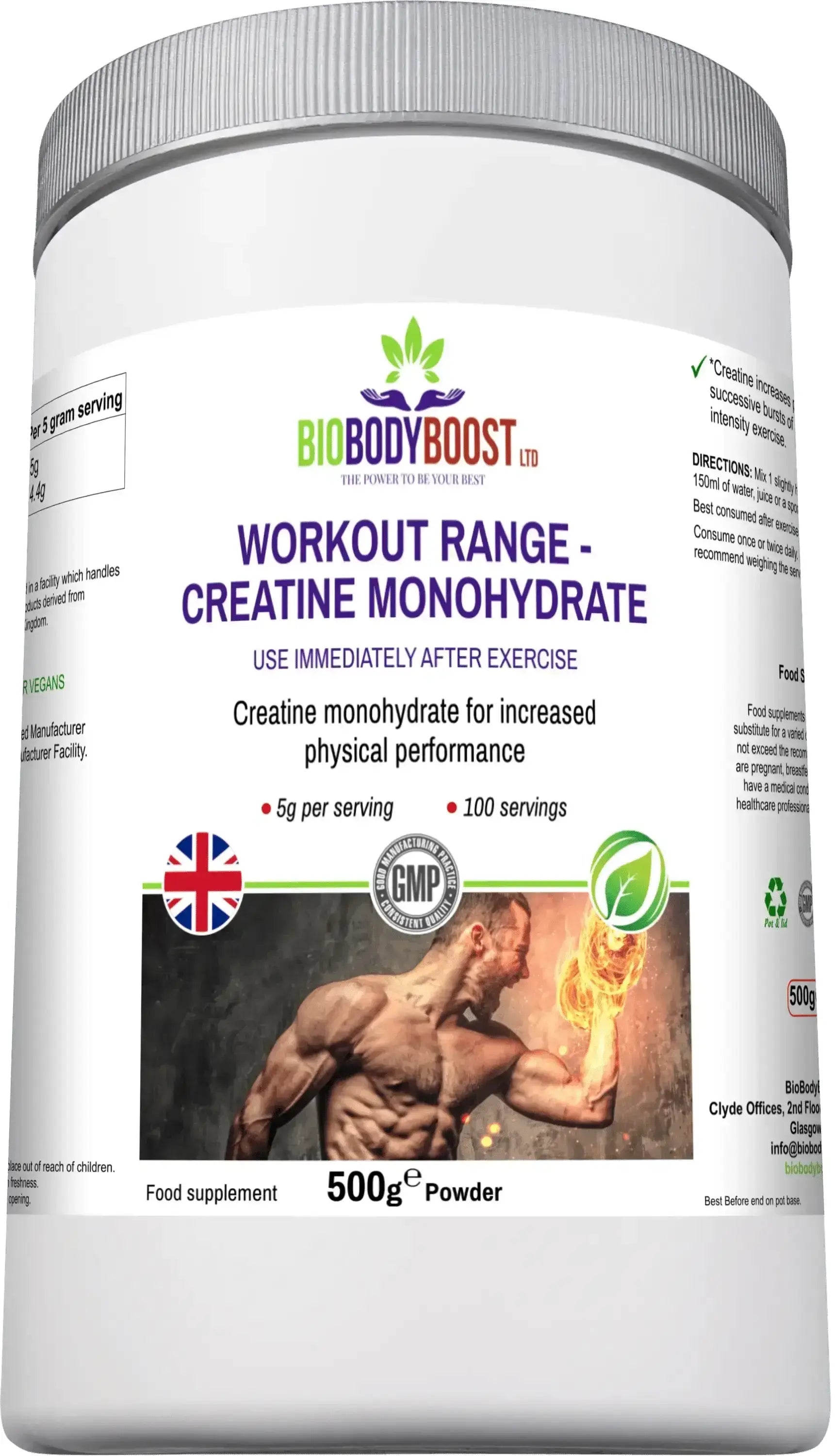 500g BioBodyBoost Creatine Monohydrate with 5g per serving — supports strength and high-intensity training