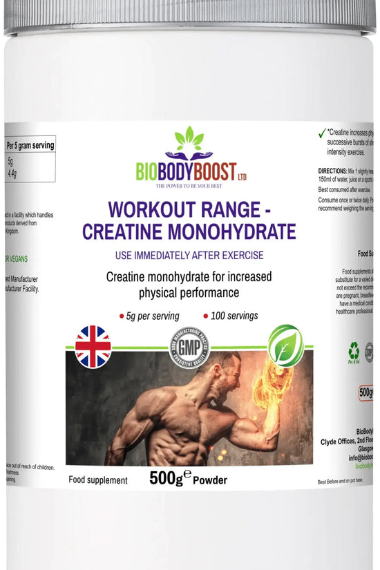 BioBodyBoost Workout Range Creatine Monohydrate 500g — 100% pure micronised creatine powder, 100 servings, UK
