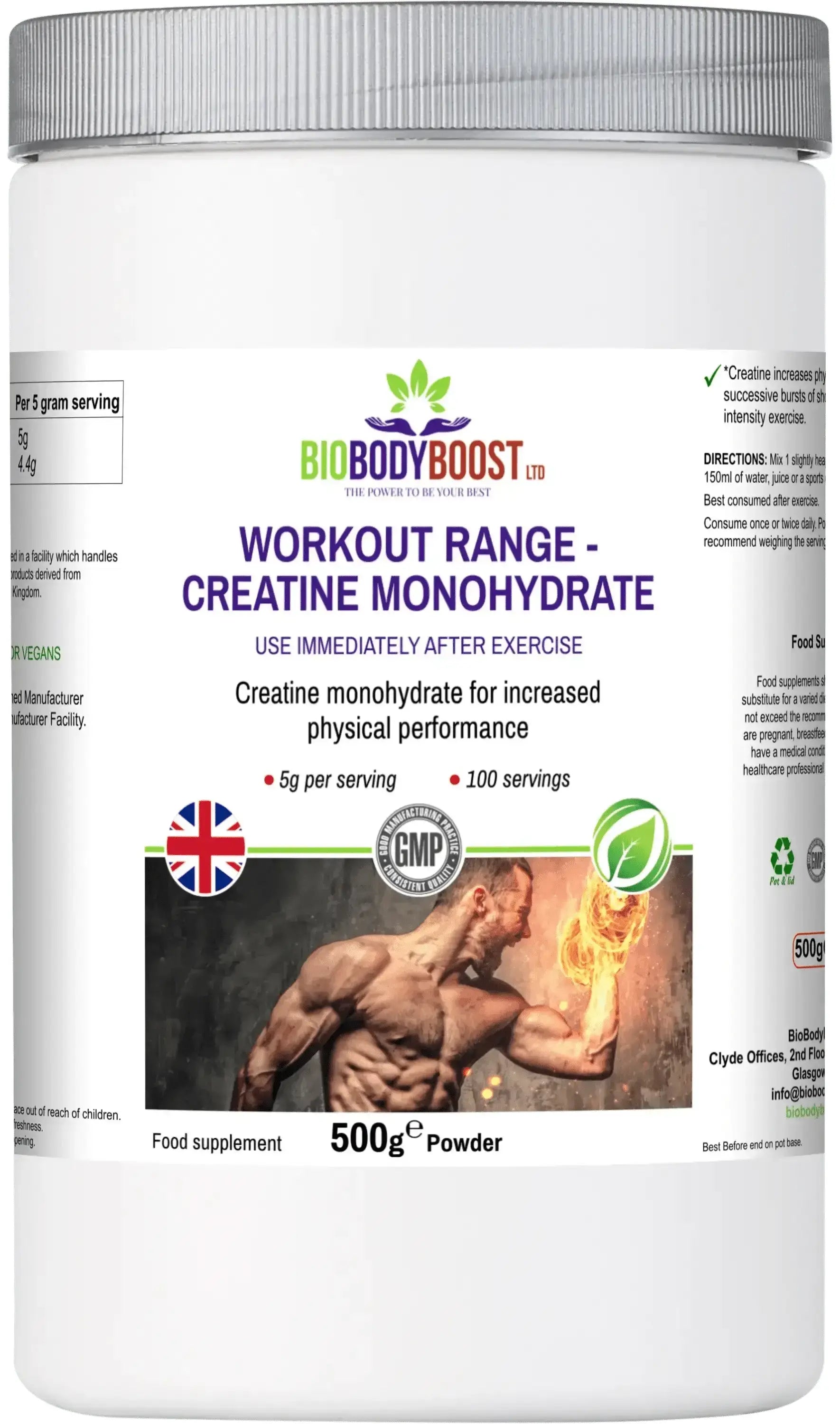 BioBodyBoost Workout Range Creatine Monohydrate 500g — 100% pure micronised creatine powder, 100 servings, UK