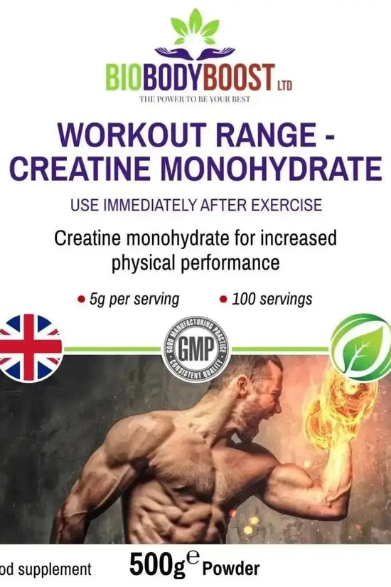 Flat layout of BioBodyBoost Creatine Monohydrate label highlighting 5g serving size and 100 servings per bag