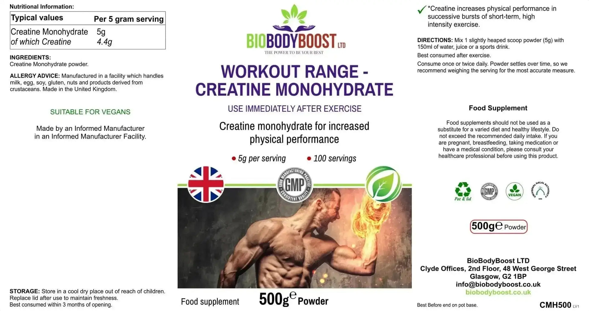 Flat layout of BioBodyBoost Creatine Monohydrate label highlighting 5g serving size and 100 servings per bag