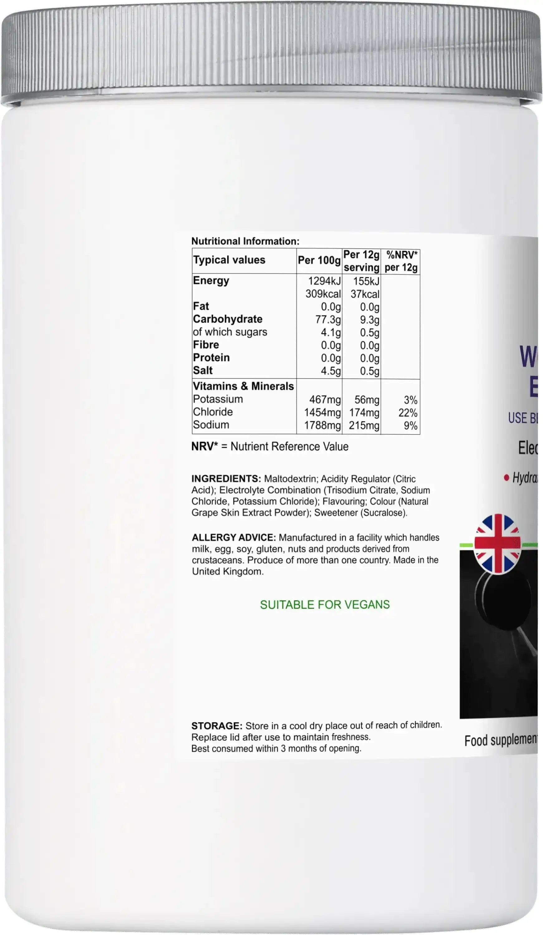 Electro-Hidr8 front-angle view highlighting sodium, potassium and chloride electrolyte complex for fluid balance