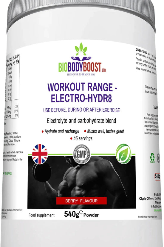 Electro-Hidr8 Electrolyte Drink Mix angled view — berry-flavoured hydration supplement powder, BioBodyBoost UK