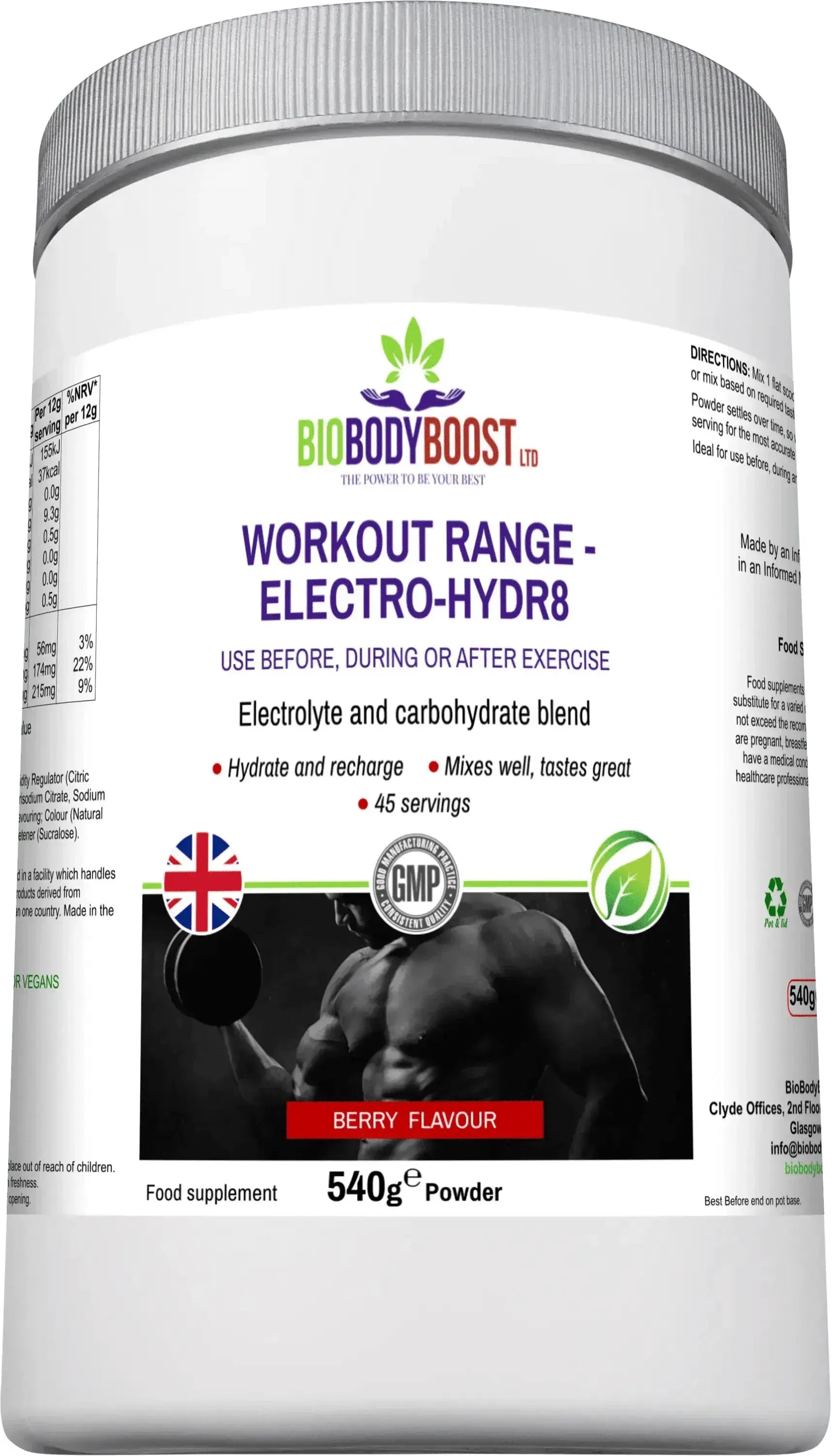 Electro-Hidr8 Electrolyte Drink Mix angled view — berry-flavoured hydration supplement powder, BioBodyBoost UK