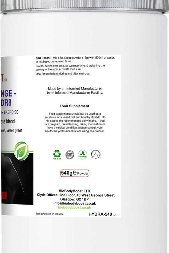 Back label of Electro-Hidr8 showing electrolyte complex and vitamin content with serving information